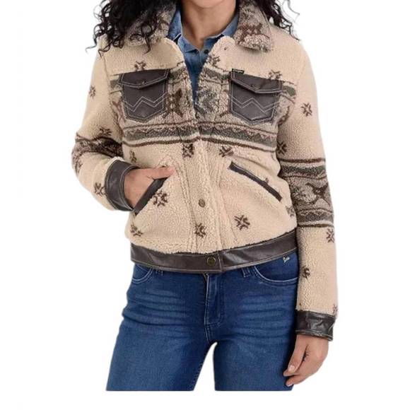 NEW WRANGLER print crop faux-shearling jacket in beige - Picture 1 of 4
